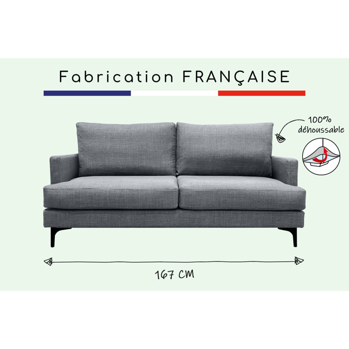 Canapé 3 pl WIMY 167 cm fixe tissu Grey - 100% déhoussable - Fab. France