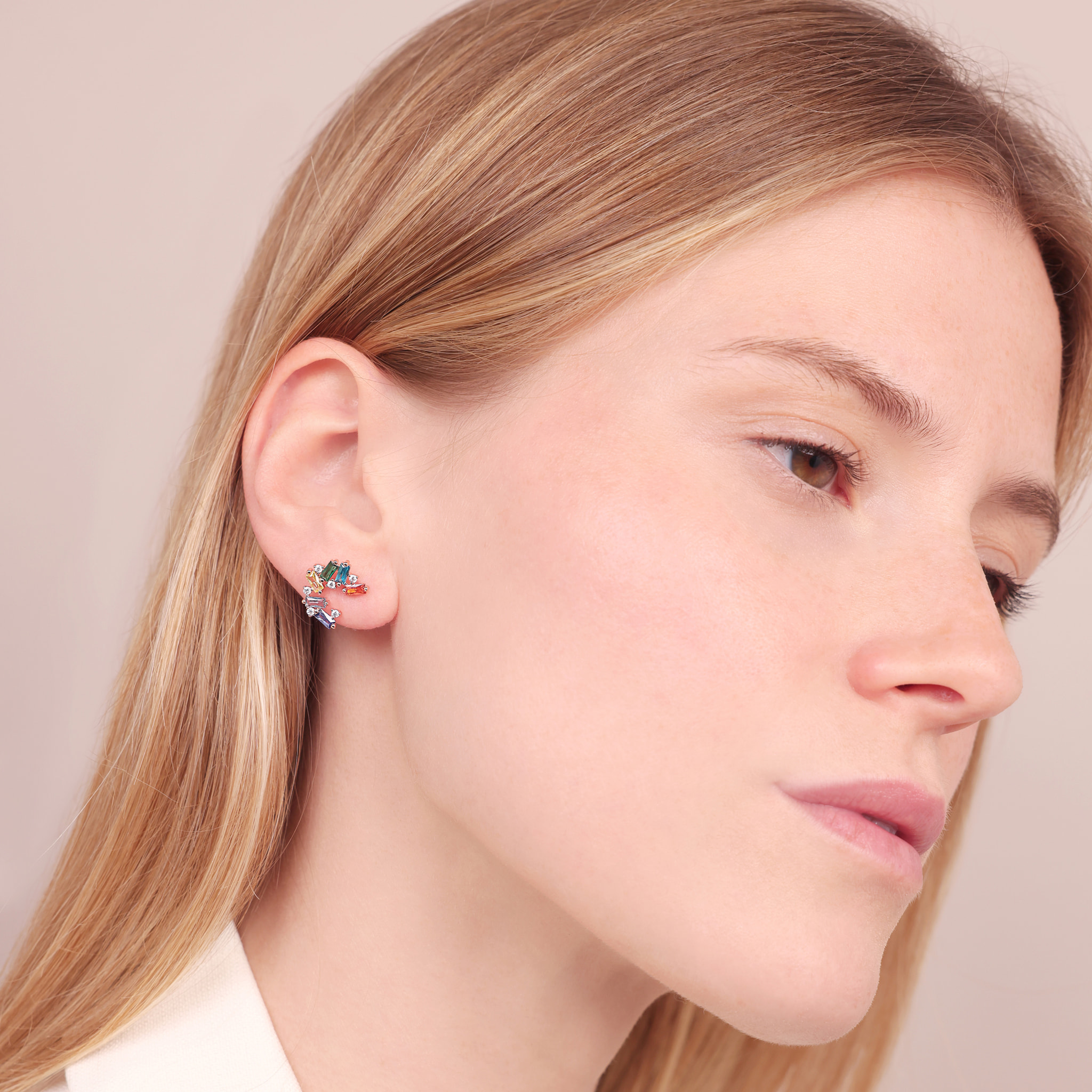 Orecchini a Lobo con Cubic Zirconia Tonde e a Baguette Colorate