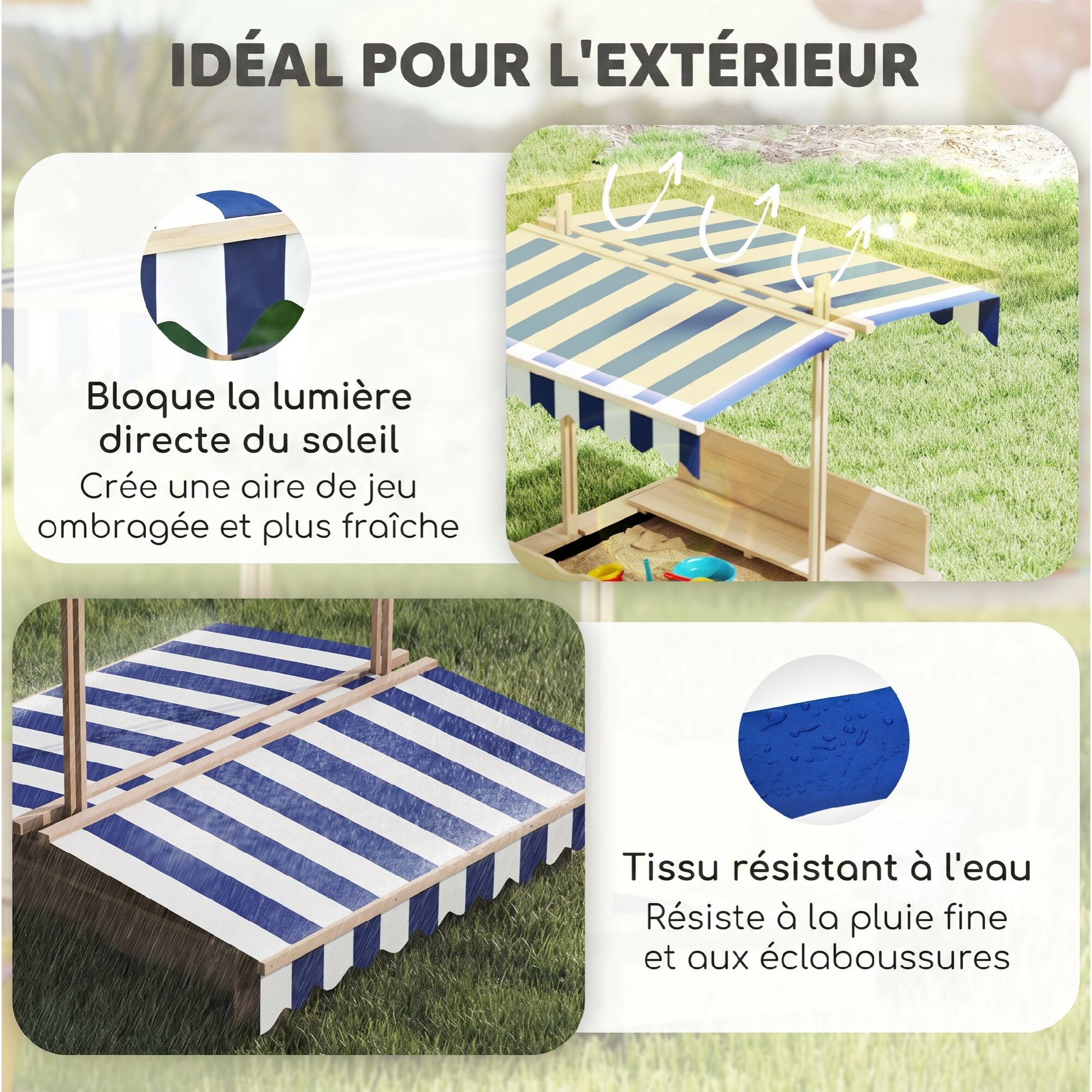 Bac à sable carré en bois pour enfant dim. 106L x 106l cm avec bancs et couvercle - auvent réglable