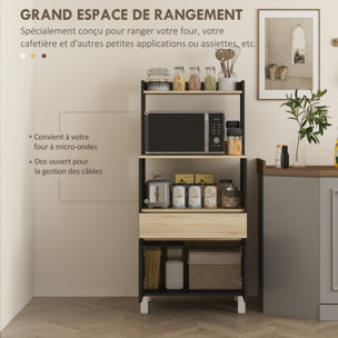 Rangement desserte de cuisine pour micro-ondes - 2 portes, 2 niches, tiroir, étagère - noir naturel