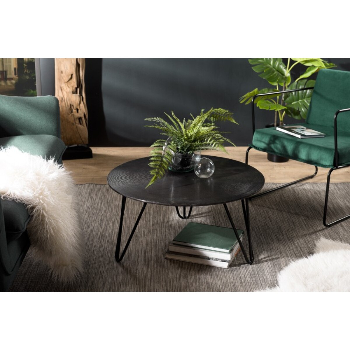 JOHAN - Table basse ronde 75x75cm aluminium noir pieds épingles métal noir
