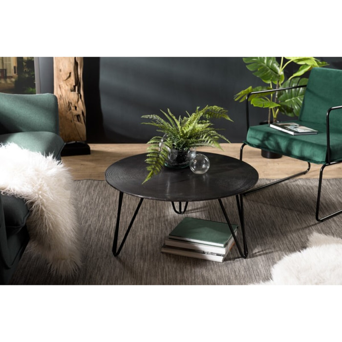 JOHAN - Table basse ronde 75x75cm aluminium noir pieds épingles métal noir