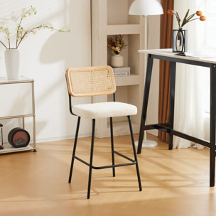 Lot de 2 chaises de bar en cannage et tissu bouclé, piètement noir - MUSE