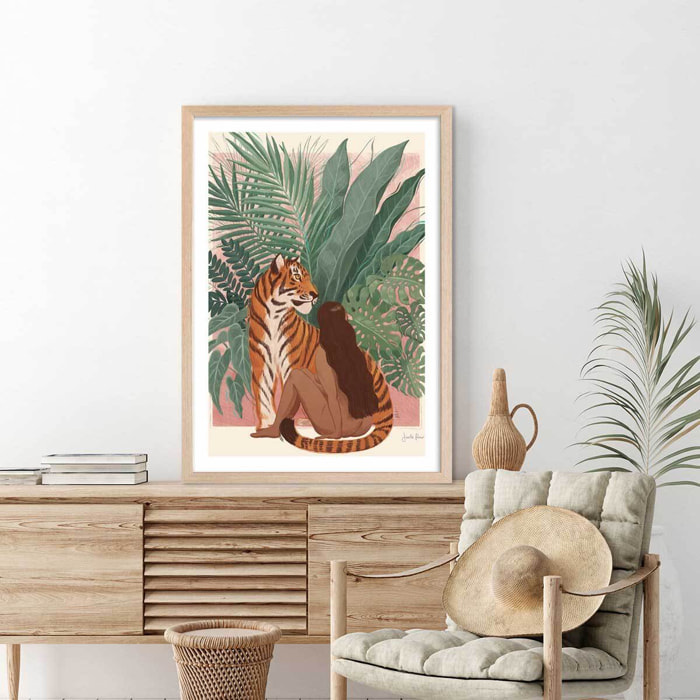Poster jungle woman Affiche + cadre en bois - Chêne