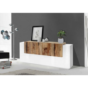 Credenza moderna a 7 ante, Made in Italy, Madia da cucina, Buffet di design da soggiorno, cm 200x45h86, colore Bianco lucido e Acero