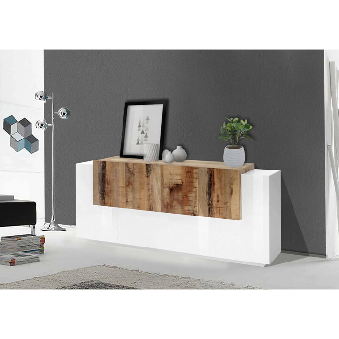 Credenza moderna a 7 ante, Made in Italy, Madia da cucina, Buffet di design da soggiorno, cm 200x45h86, colore Bianco lucido e Acero