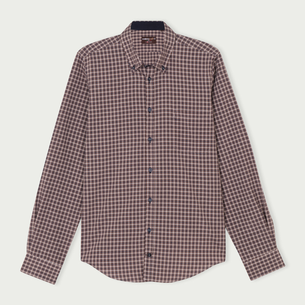 Camicia Uomo 1 Bottone Button Down Slim Cotone Poliestere Quadro Medio Blu/Grigio Scuro