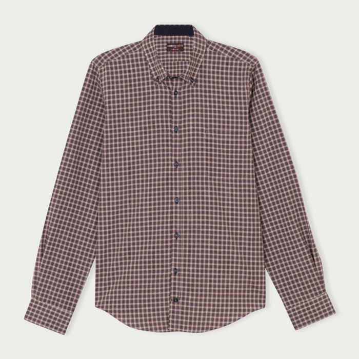 Camicia Uomo 1 Bottone Button Down Slim Cotone Poliestere Quadro Medio Blu/Grigio Scuro