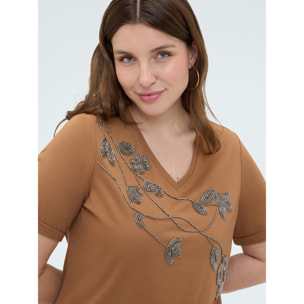 Fiorella Rubino - T-shirt in cotone con ricamo floreale - Marrone