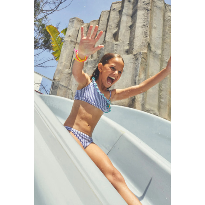 Set bikini da ragazza con dettagli color limone e strisce blu scuro