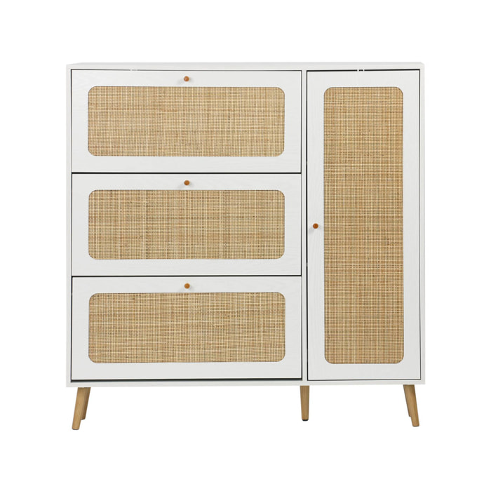 Meuble à chaussure cannage Bohème blanc. 3 abattants. 1 porte. 21 paires. 120 x 24 x 125 cm