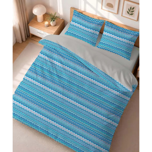Parure Copripiumino Baia Azzurro per letto singolo in 100% Cotone e Made in Italy, zig zag moderno