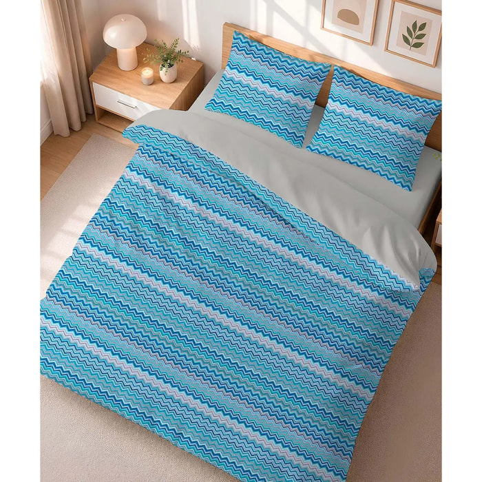 Parure Copripiumino Baia Azzurro per letto singolo in 100% Cotone e Made in Italy, zig zag moderno