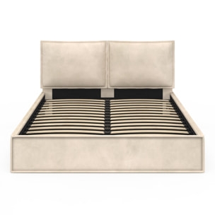 Lit coffre Lilou en velours beige avec sommier et tête de lit effet oreiller 160x200cm