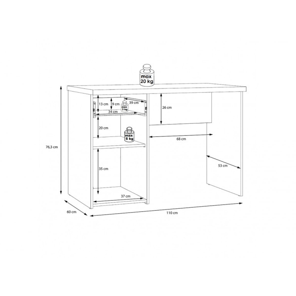 Bureau droit L110 cm avec rangement en bois effet vintage - TOM