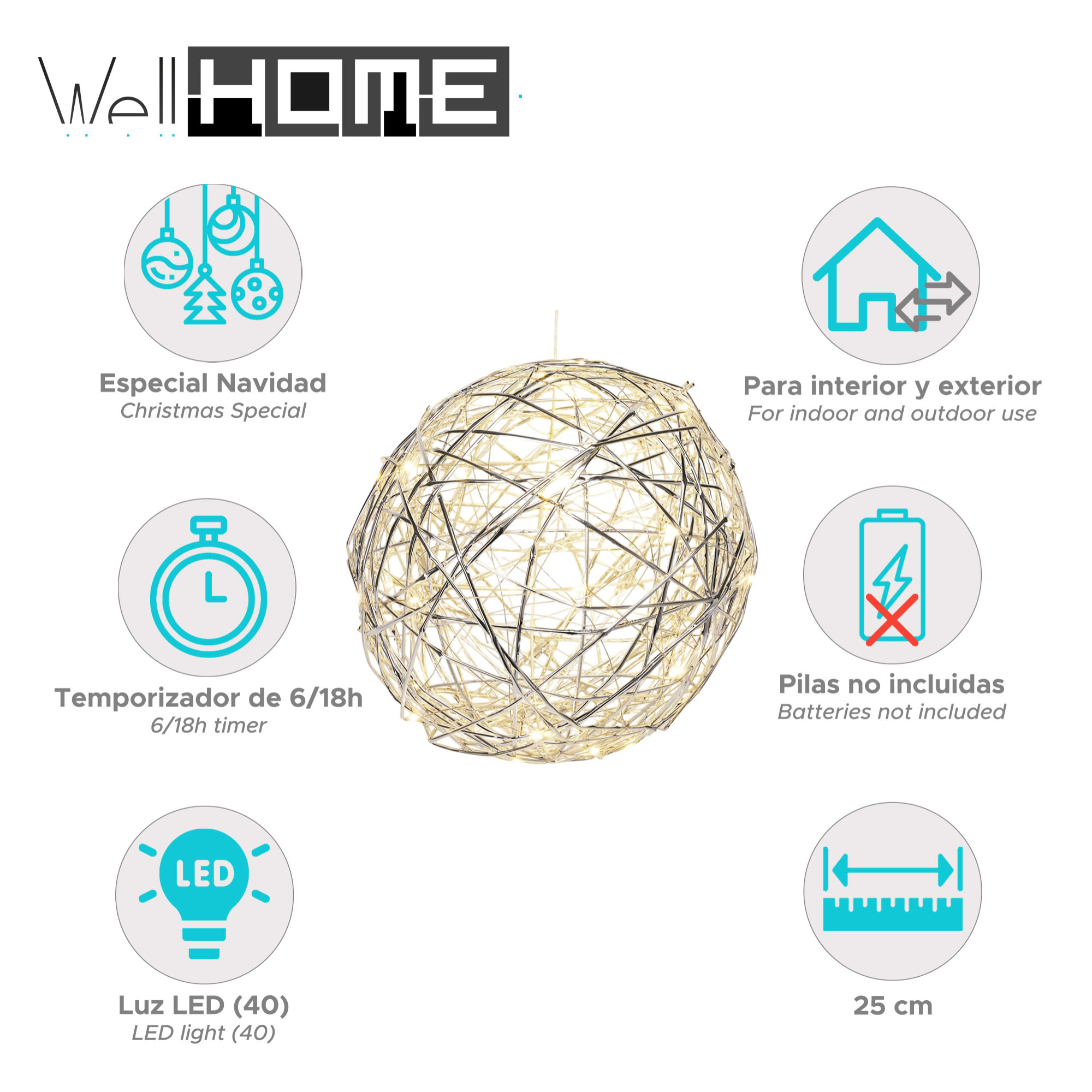 bola navideña luminosa con 40 luces led en blanco cálido 25cm