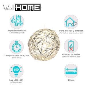 bola navideña luminosa con 40 luces led en blanco cálido 25cm