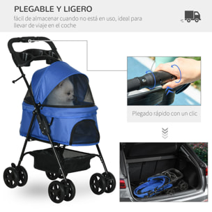 Cochecito para Mascotas Plegable Carrito para Perros Desmontable Acero Tela Oxford Ruedas Giratorias Frenos Ventana para Perros Gatos Pequeñitos 67x45x96 cm Azul