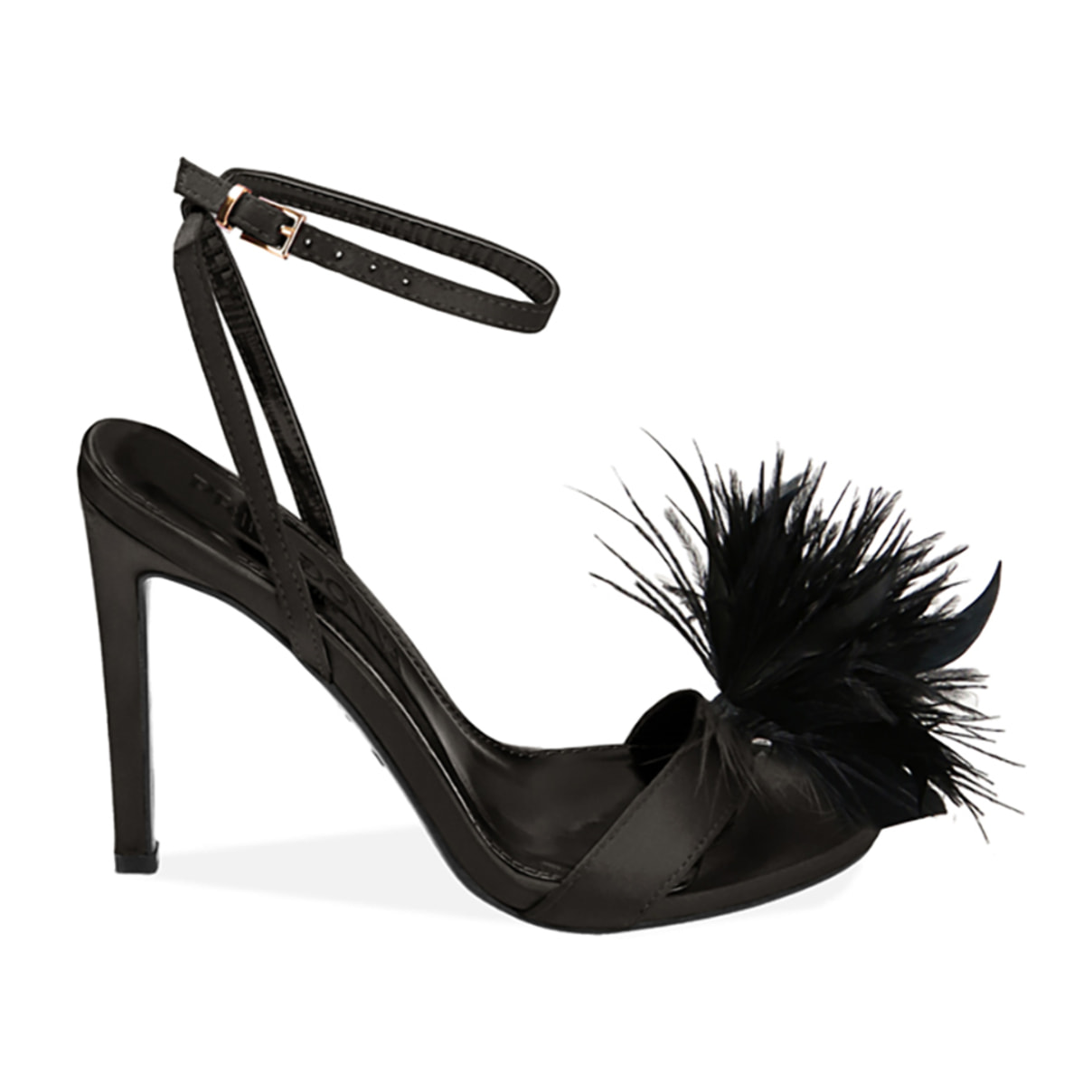 Sandalias negras con plumas de raso, tacón de 10,5 cm