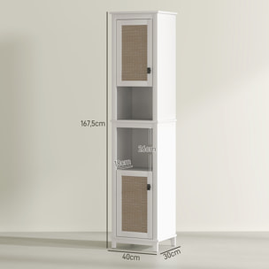 Columna de Baño con 2 Puertas con Frontal de Ratán Armario de Baño Boho con Estantes Ajustables y 2 Compartimentos 40x30x167,5 cm Blanco