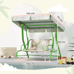 Columpio de Jardín Exterior para Niños de +3 Años Balancín de Jardín Exterior de 2 Plazas con Toldo Ajustable Arnés de Seguridad y Estampados Bonitos 112x75x120 cm Verde