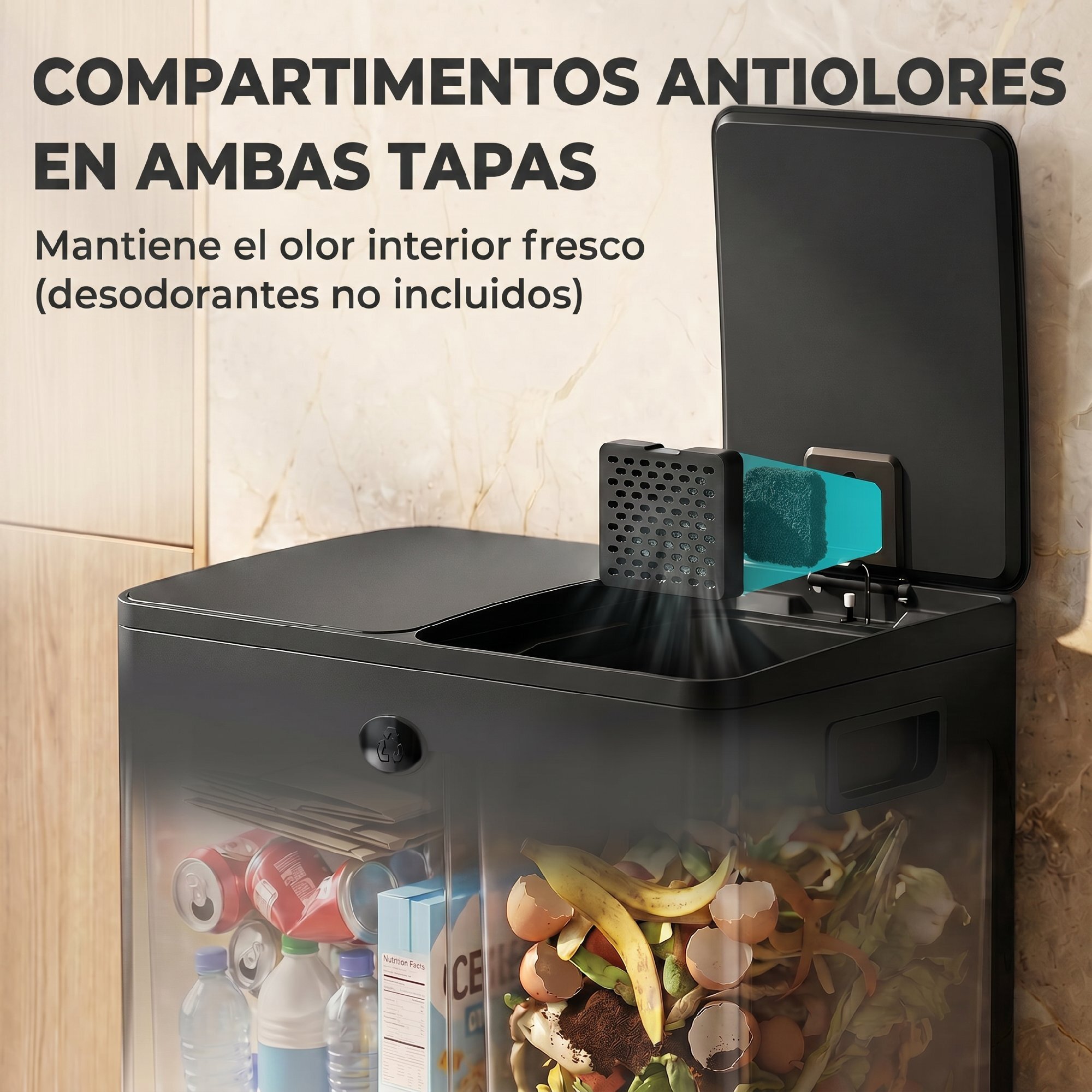 Cubo de Basura de Cocina con 2 Compartimentos 2x20L Papelera Cocina de Acero Inoxidable con Pedal Tapas de Cierre Suave y Cubo Extraíble para Reciclaje Residuos Restos de Comida Negro