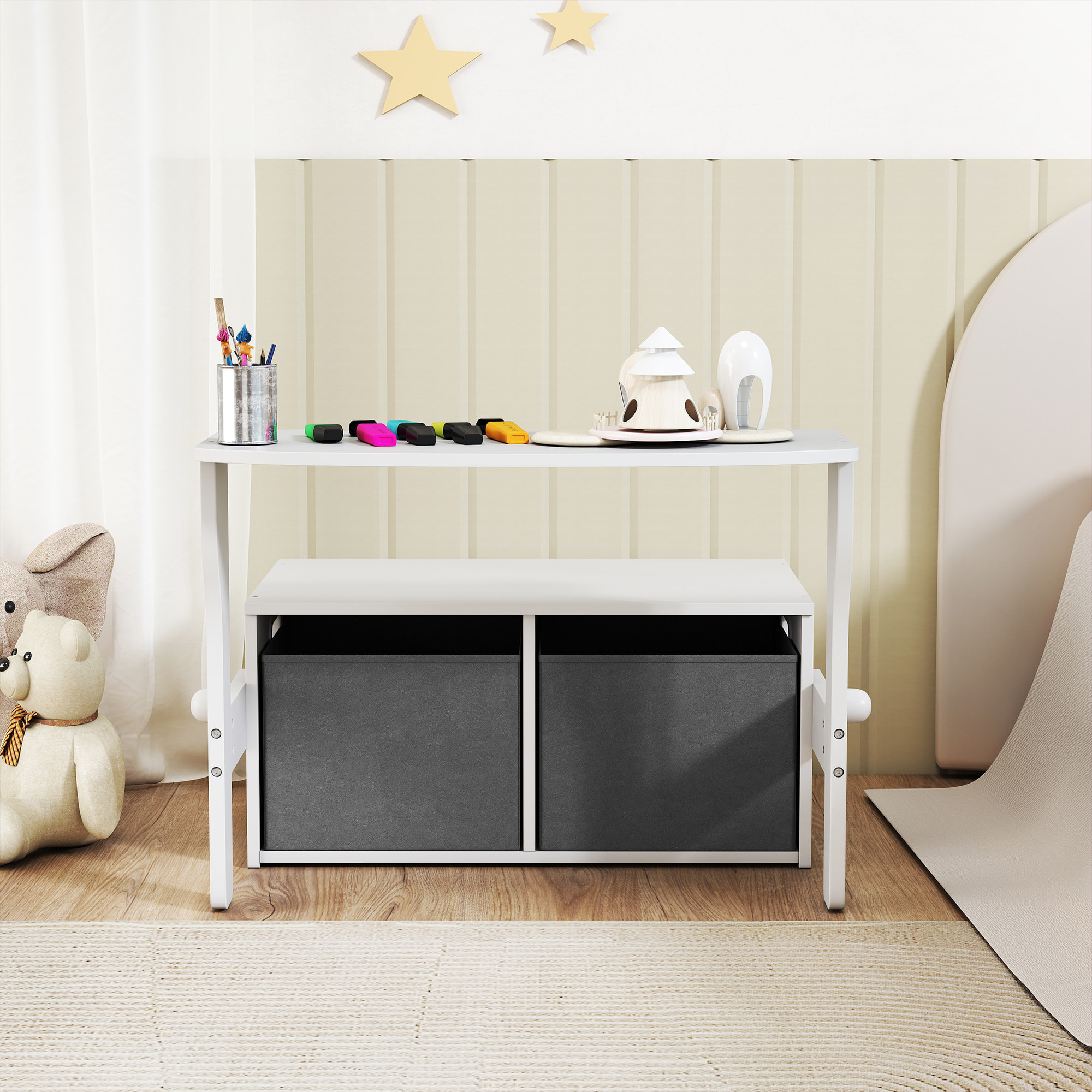 Banco Infantil Convertible 3 en 1, Juego de Mesa y Silla, Baúl de Juguetes con Cubos de Tela Extraíbles, Banco de Almacenaje, Mueble Multifuncional para Niños 3-6 Años, Blanco