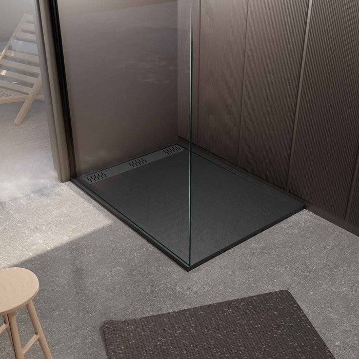 Receveur de douche en résine noir 90x120x3 cm effet pierre granit + grille linéaire gun metal