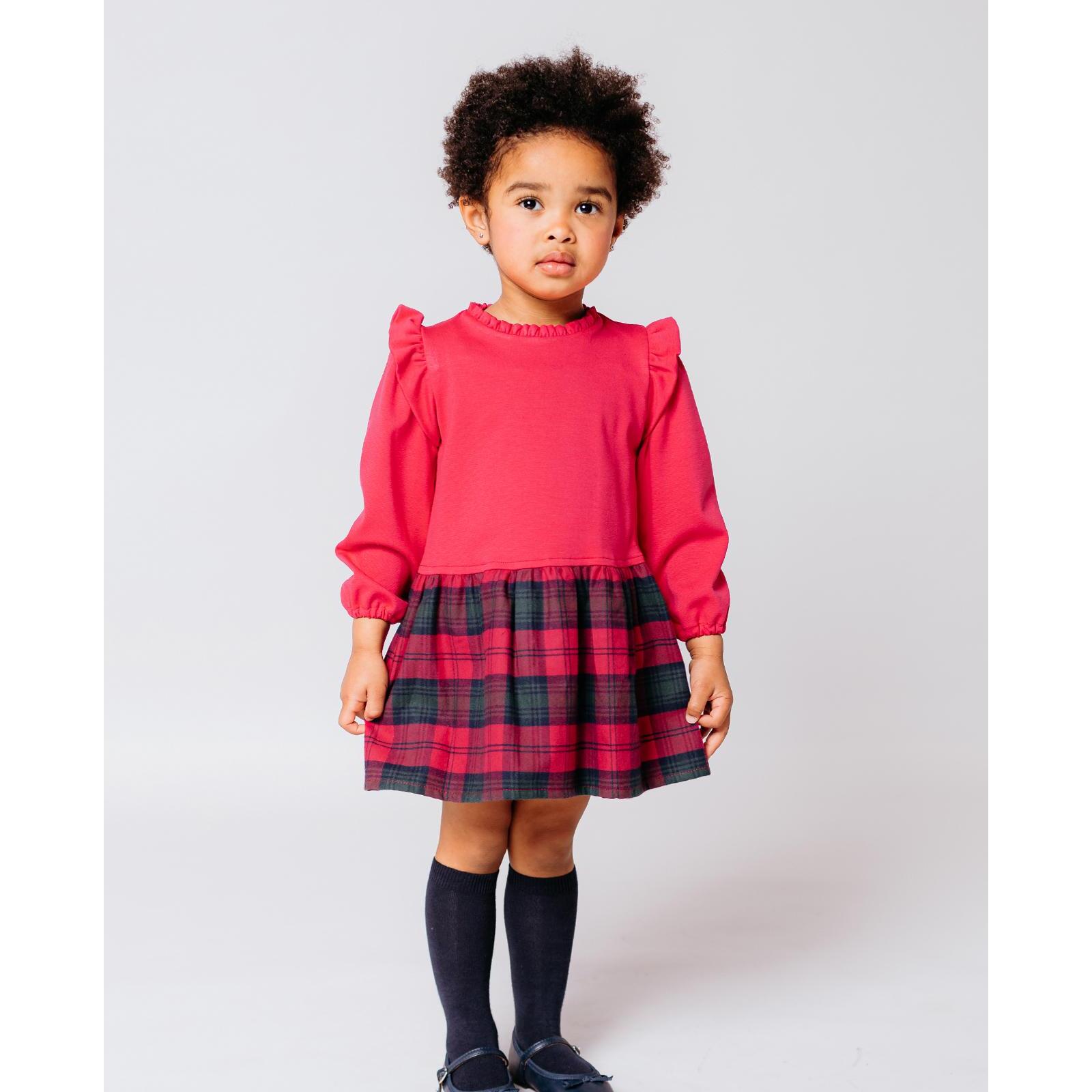 Vestido combinado punto roma con volantes y cuadros verdes y fucsia