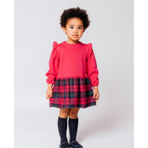 Vestido combinado punto roma con volantes y cuadros verdes y fucsia