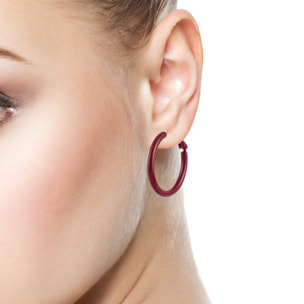 Pendientes de aro liso de cobre con recubrimiento electroplateado color blanco, 30 mm, cierre catalán de plata de ley 925 con acabado granate electroplateado.