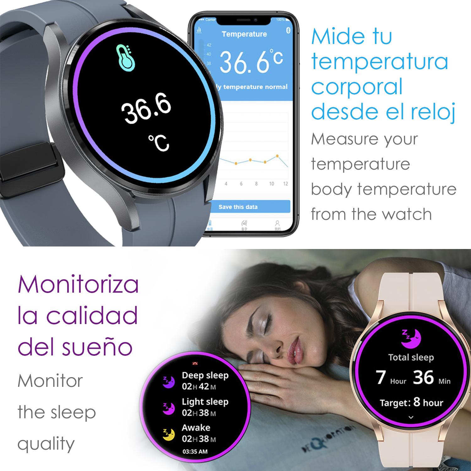 DAM Smartwatch R6 Pro Max, pantalla AMOLED, +100 modos deportivos. Llamadas BT, notificaciones push. Monitor glucosa en sangre. 4,15x1,1x4,9 Cm. Color: Negro