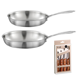 Gourmet - Set di 2 padelle in acciaio inox 24 e 28 cm, 1 cofanetto con 4 coltelli da cucina