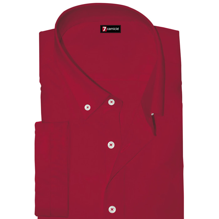 Camicia Uomo 1 Bottone Button Down Manica Corta Slim Popeline Stretch Unito Rosso