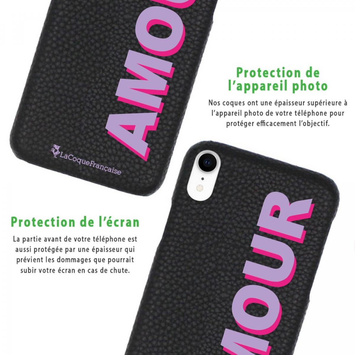 Coque iPhone Xr effet cuir grainé noir Amour parme et fushia Design La Coque Francaise