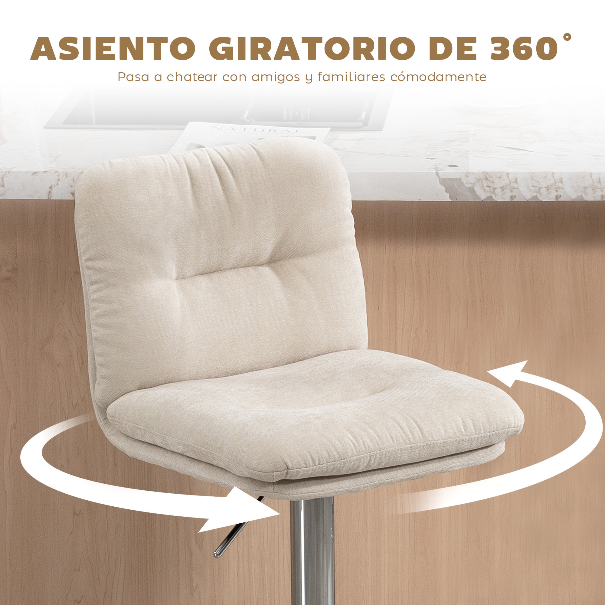 Juego de 2 Taburetes de Bar Giratorios, Taburetes Altos de Cocina Tapizados de Lino con Altura Ajustable 64-86 cm, Respaldo, Reposapiés, Asiento Acolchado y Base de Acero, Beige