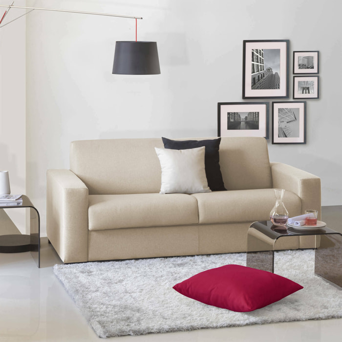 Divano Letto Alicia, Divano a 3 posti, 100% Made in Italy, Sofà Soggiorno con apertura girevole, in tessuto imbottito, con Braccioli slim, Cm 200x95h90, Beige