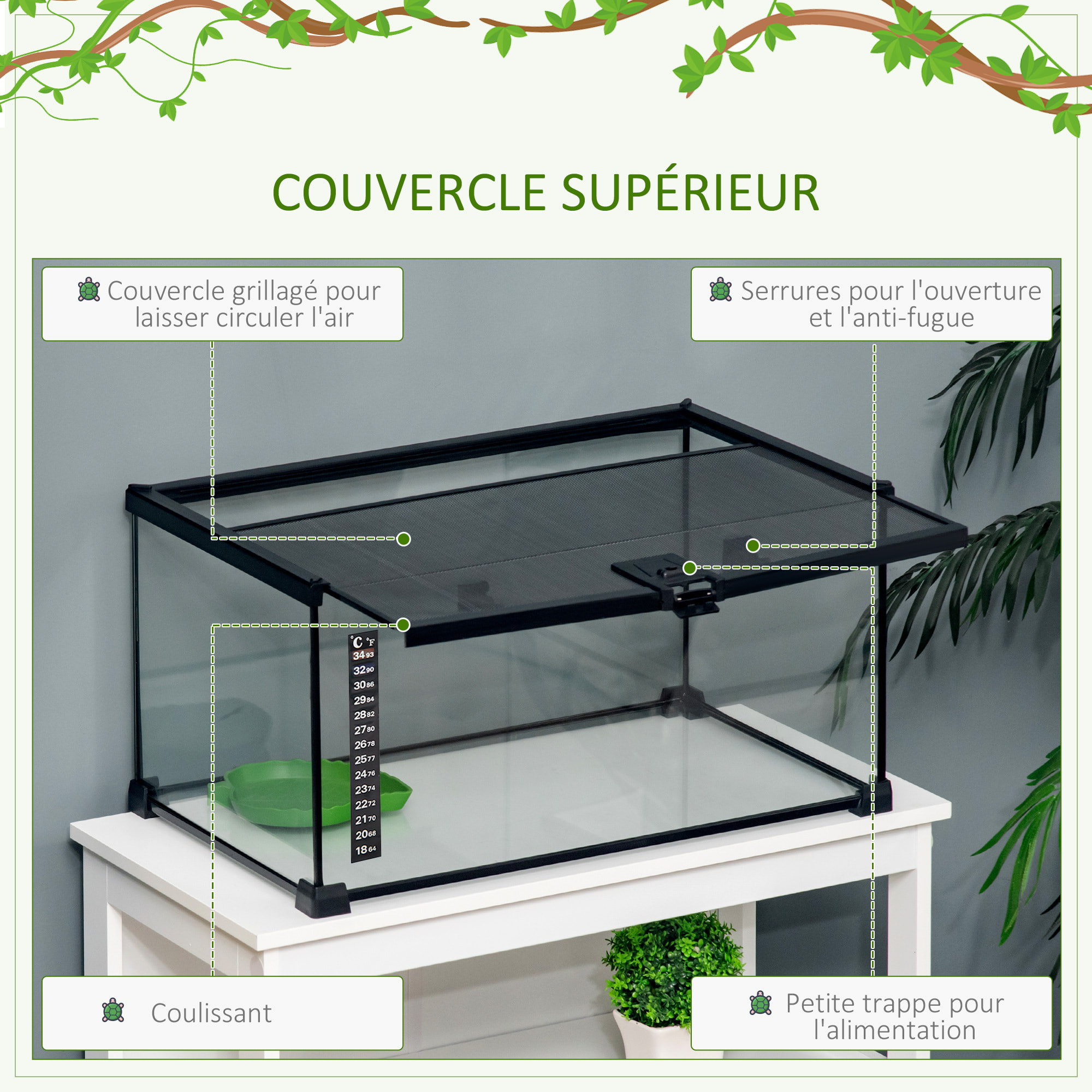 Terrarium en verre - vivarium reptiles & batraciens - habitat tortue - couvercle grillagé coulissant verrouillable - distributeur eau, thermomètre inclus - métal noir verre