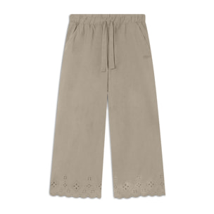 Pantaloni wide leg in cotone navetta con ricami Sangallo