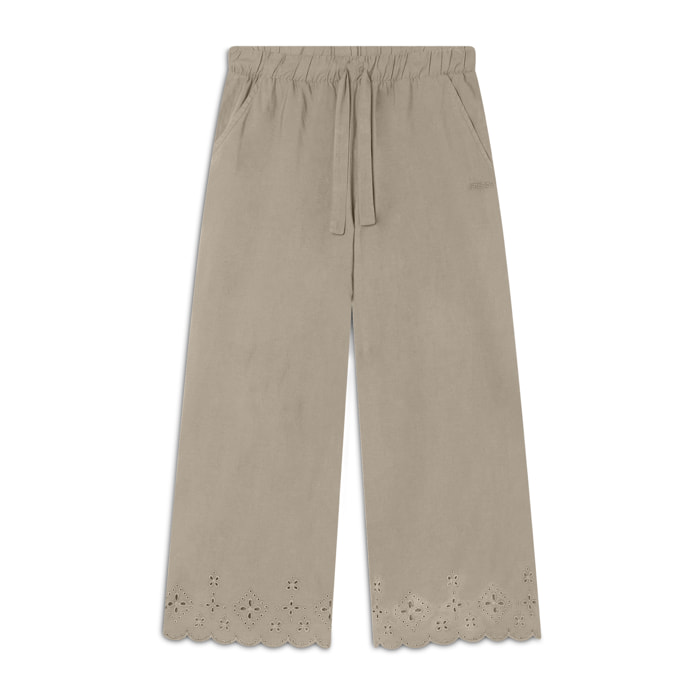 Pantaloni wide leg in cotone navetta con ricami Sangallo