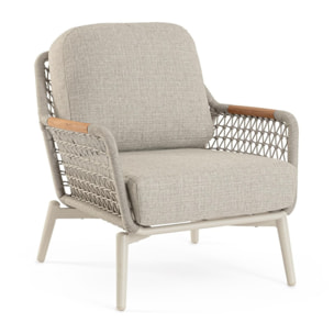 Poltrona da giardino SEVILLA con intreccio in corda, cuscini beige e struttura in alluminio beige
