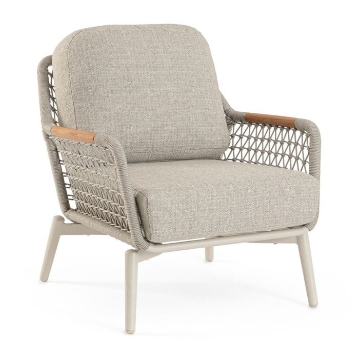 Poltrona da giardino SEVILLA con intreccio in corda, cuscini beige e struttura in alluminio beige