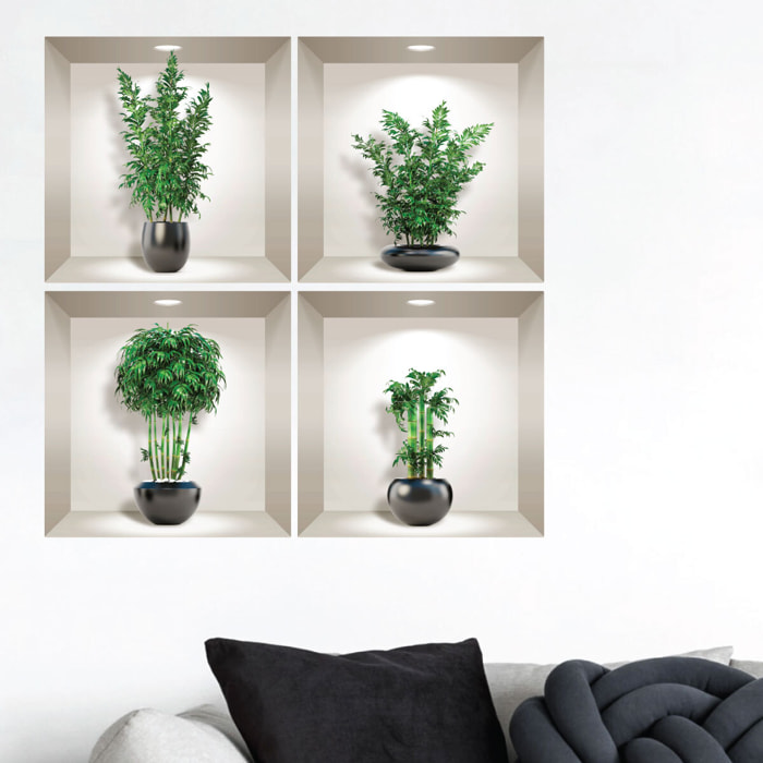 Stickers muraux 3D | Sticker Mural Autocollant effet 3D bambous dans les vases noir - Stickers adhésifs 3D Chambre Salon Trompe l'oeil