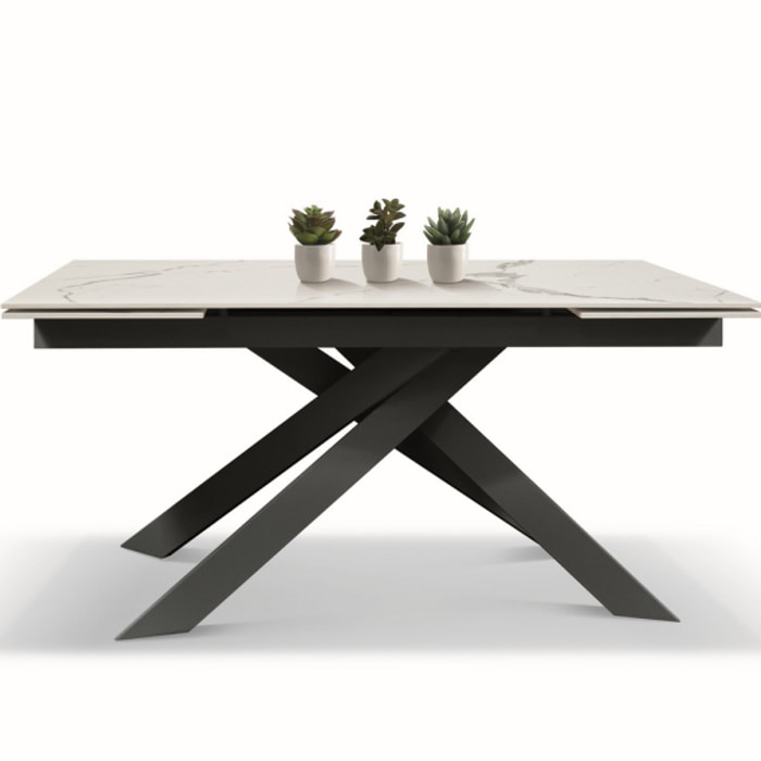 Tavolo BEVERLY HILLS in vetroceramica effetto marmo statuario e metallo verniciato antracite, allungabile 160x90 cm - 240x90 cm