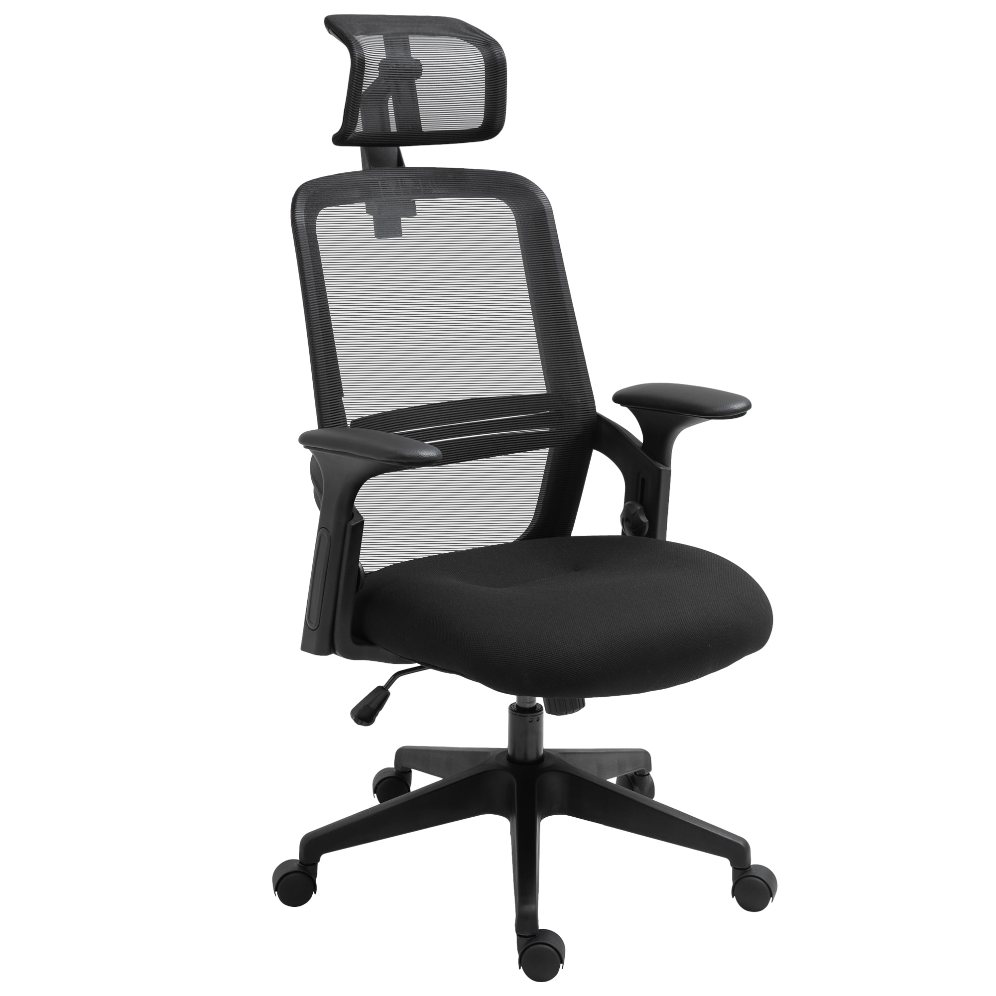 Vinsetto Silla de Oficina Ergonómica Silla Escritorio Giratoria con Altura Ajustable Reposacabezas Soporte Lumbar Regulables y Respaldo Transpirable 63,5x64,5x113-122 cm Negro