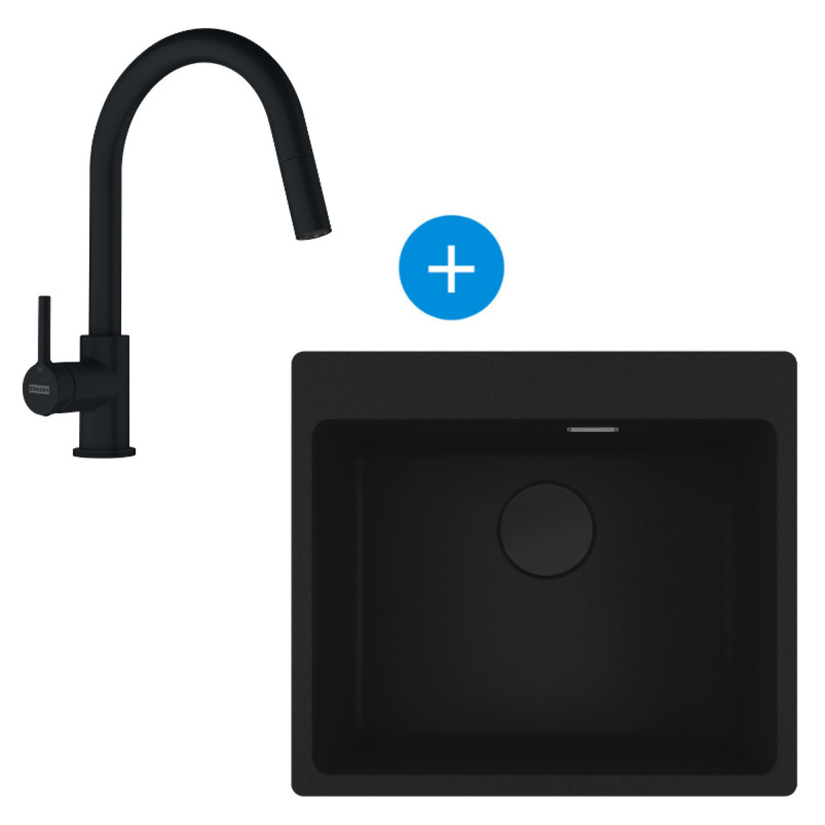 Set Maris Evier à encastrer 59x50cm, en Fragranit+, Noir mat + Mitigeur col de cygne, Noir mat avec douchette extractible