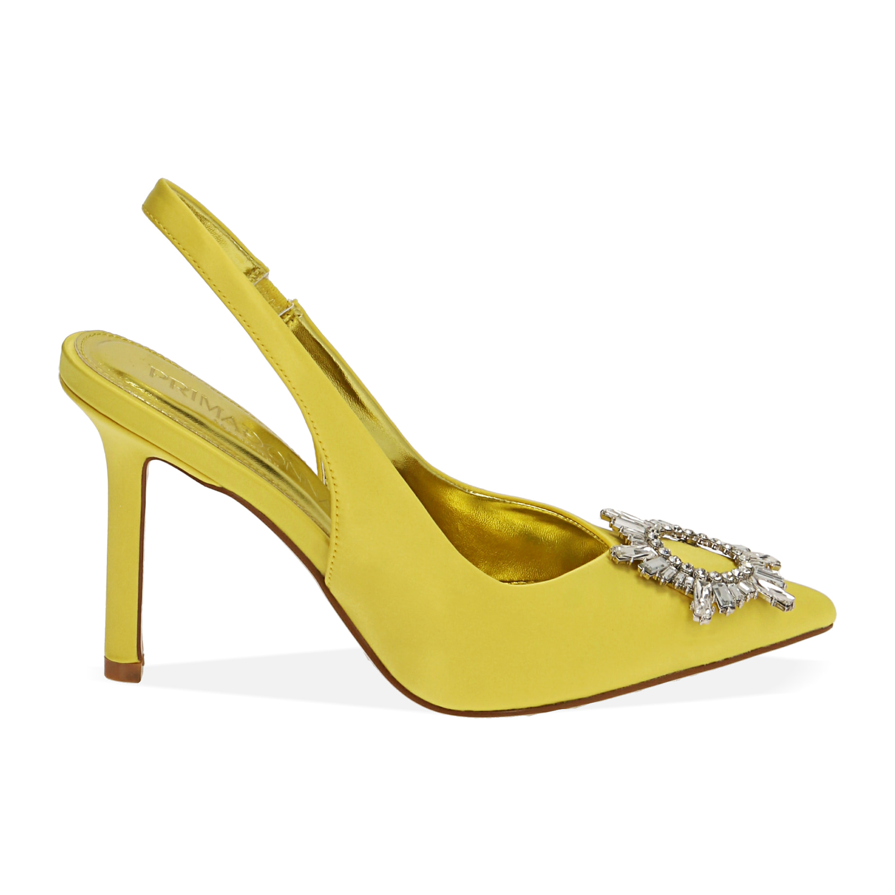 Zapatos destalonados de raso amarillo, tacón de 10 cm.