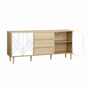 Buffet de rangement décor bois et blanc - Mika - 2 niveaux. 2 portes. 3 tiroirs. buffet bas. L 160 x l 40 x H 74cm