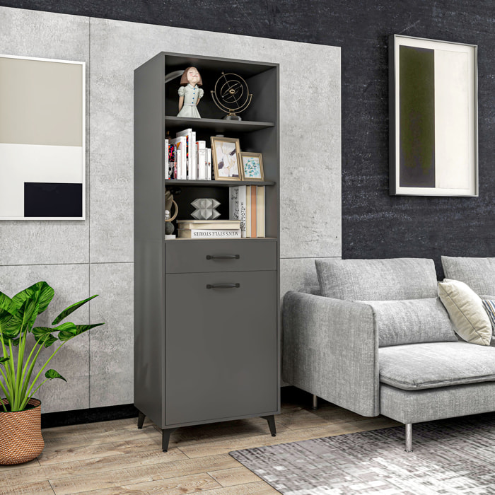 Buffet haut design industriel multi-rangement - porte avec étagère, tiroir, 3 niches - piètement métal noir MDF gris