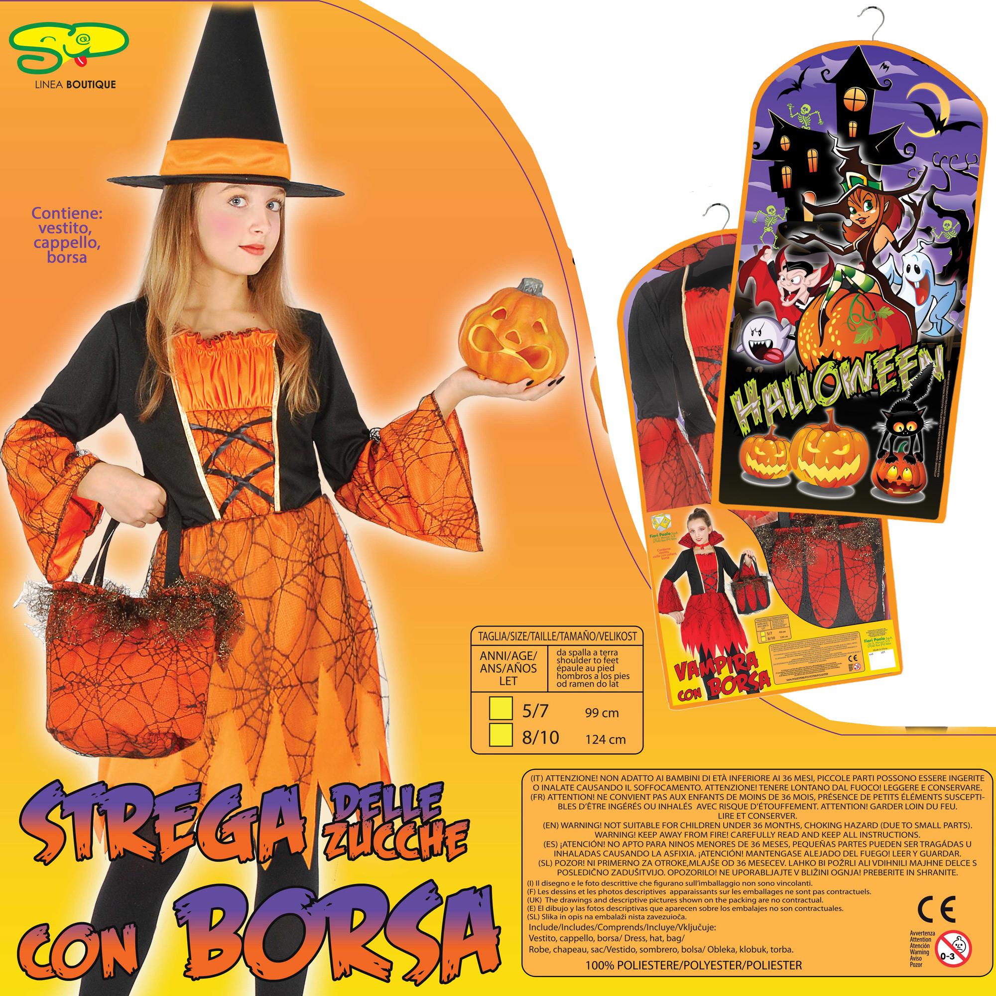 Strega Delle Zucche Costume Halloween Con Borsa Lusso In Pizzo Bambina